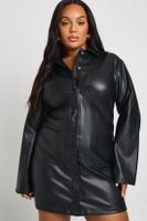 plus pu collared long sleeve mini dress negro