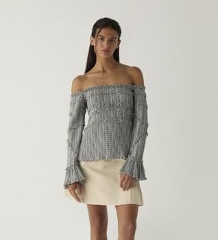 LAAGAM para mujer. M2301F01 Blusa Petra de cuadros texturizada gris (XS), Casual, Poliéster, Manga larga