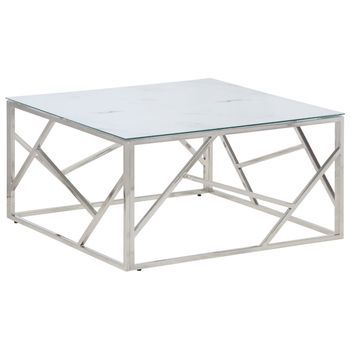 Mesa De Centro 80x80x40 Cm Acero Inoxidable, Cristal Templado Con Acabado De Mármol Blanco - Plateado