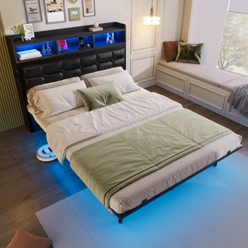 Cama Doble De 140x190 Cm, Con Somier De Láminas, Cabecero, 2 Mesitas De Noche Extraíbles, Estantes, Usb, Led, Color Gris.