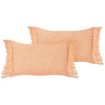Conjunto De 2 Cojines De Algodón Con Flecos Textiles Sala De Estar 40 X 60 Cm Naranja Tansy