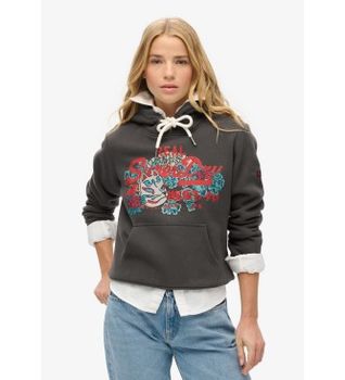 Superdry para mujer. W2012146A Sudadera gráfica con capucha y logotipo Tokyo Vintage gris oscuro (XS), Casual, Algodón, Sostenible