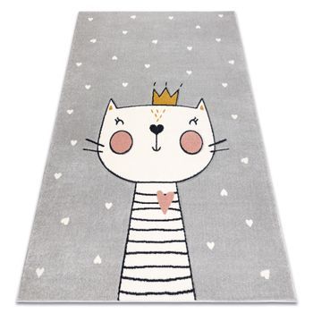 Alfombra Kiddo 6106 Gris Claro / Blanca Gatito, Corona Para Niños, Se 140x190 Cm