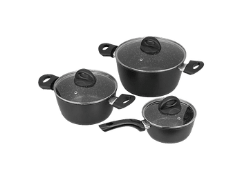 Batería de cocina - Jata Hogar BC3, 2 cazuelas y 1 cazo con tapas, Antiadherente