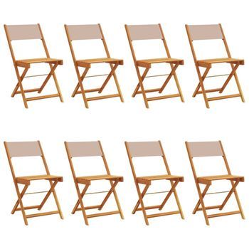 Pack 8 Uds Sillas De Jardín | Silla De Exterior | Sillón Plegables Madera Maciza Y Tela Taupe