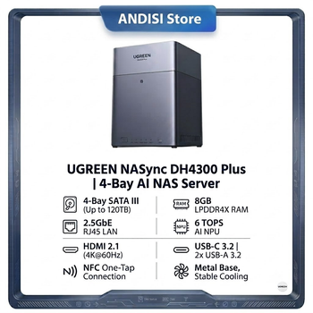 UGREEN NASync DH4300 Plus, Servidor NAS de 4 Bahías, Almacenamiento en la Nube Privada, CPU Rockchip de 8 Núcleos, 8GB de RAM, LAN de 2.5GbE, HDMI 4K, 120TB, Servidor de Nube Personal