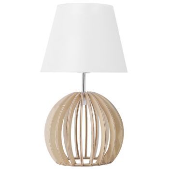 Lámpara De Mesa Base De Madera Redonda Clara Pantalla De Tela Blanca Moderna Samo