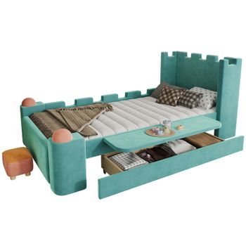 Cama Infantil Tapizada 90x200 Con Cajón De Almacenamiento Y Estante Abatible, Terciopelo Verde Azulado