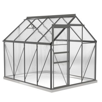 Outsunny Invernadero de jardín en policarbonato 4,8 m² con fundación, ventanilla ajustable, puerta corredera 1,9x2,53x1,99m transparente