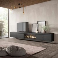 mueble tv efecto madera negro 368x35x45cm chimenea efecto fuego