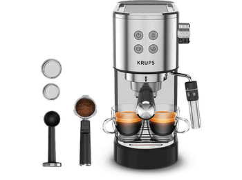 Cafetera express - Krups Virtuoso+ XP444C, 1400 W, 15 Bar, 1 L, Thermoblock, Apagado automático, Acero Inox