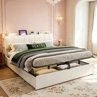 cama doble de madera con cofre hidraulico cabecera acolchada con almacenamiento toma usb y luz nocturna 180x200 cm blanco
