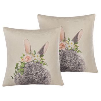 Conjunto De 2 Cojines Decorativos Cuadrados De Algodón Gris Pardo Con Estampado 45 X 45 Cm Conejo De Pascua Fatsia