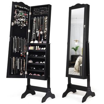 Armario Para Joyas Con Cerradura, Ángulo Ajustable Y Estante Para Joyas Con Espejo De Cuerpo Entero, Negro