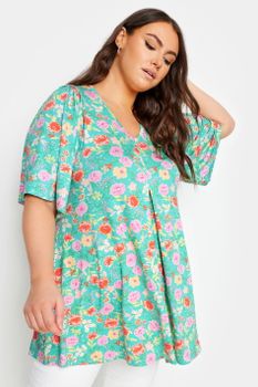 Yours Top Con Vuelo Verde De Flores Rosadas, Mujer Curvy Y Tallas Grandes, Yours