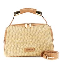 bolso de rafia con solapa y ribete efecto piel en contraste natural
