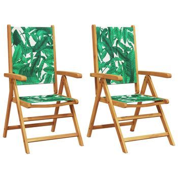 Pack 2 Uds Sillas De Jardín | Silla De Exterior | Sillón Madera Acacia Y Tela Estampado De Hojas