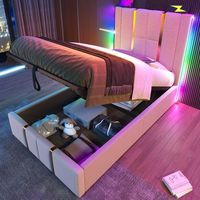 cama contenedor 90 x 200 cm con cabecero - tomas usb y tipo c - led - tela de lino - beige sin colchon