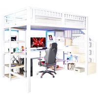 litera doble de 140x200 con estructura metalica estante escalera con espacio de almacenamiento escritorio led usb color blanco sin colchon