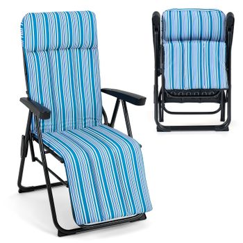 Costway Tumbona Plegable con Respaldo 6 Posiciones Cojín Acolchado y Apoyabrazos para Patio Terraza Piscina Camping Carga 150kg Azul y Blanco