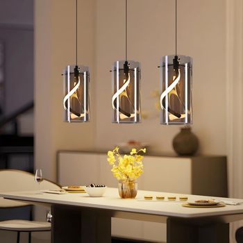 Lámpara Colgante Led Vintage Nettlife De 3 Luces, Cristal Gris Ahumado, 23 W, 3000 K, Retro, Ajustable, Para Mesa De Comedor.