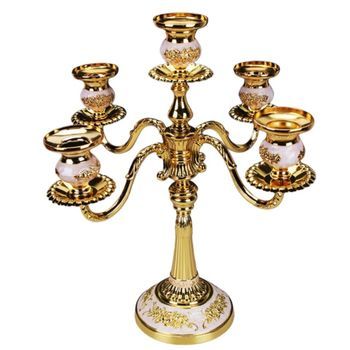 Elegante Candelabro De Aleación De Zinc De 5 Brazos - Centro De Mesa Romántico Para Cenas A La Luz De Las Velas Gold White
