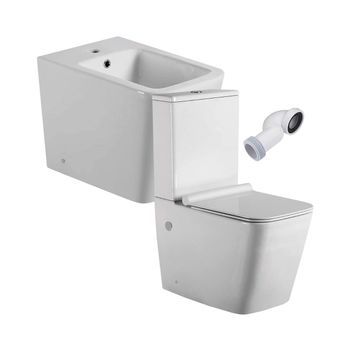 Pack Inodoro Completo Cuadrado Fondo Reducido Rimless Y Tapa Con Caída Amortiguada + Bidet A Suelo De Baño Moderno