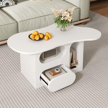 Mesa De Centro Con Forma De Nube, Blanca, 97 × 45 × 43,5 Cm, Con Cajón Y Estantes