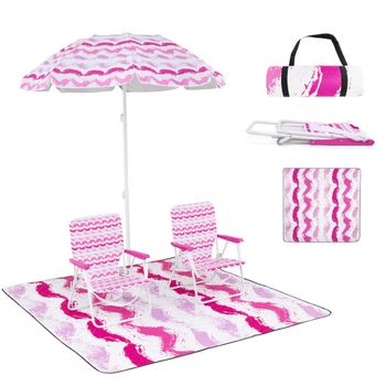 Costway Juego de Sombrilla de Playa con 2 Sillas Plegables y Manta de Picnic Parasol Portátil de Exterior con Mecanismo de Inclinación Rosa