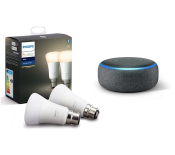 PHILIPS Hue White Bluetooth LED B22 Bulb Twin Pack & Echo Dot (2018) - Charcoal, White