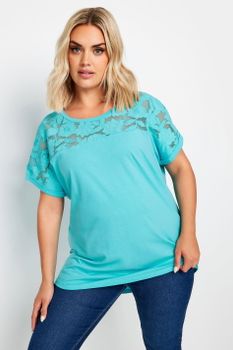 Yours Camiseta Algodón Turquesa Con Panel De Malla Floral, Mujer Curvy Y Tallas Grandes, Yours