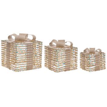 Conjunto De 3 Decoraciones Regalos De Navidad Con Lazos Luces Led Blancas Cálidas Acabado Brillante Para Interior Beige Mosso