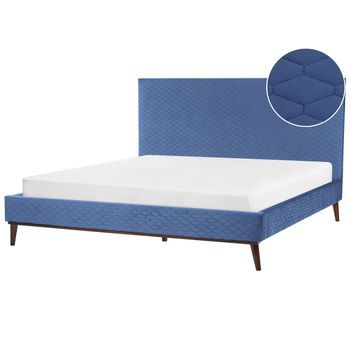 Cama Con Somier Cabecero Panal Acolchado Diseño Moderno Tapizado De Terciopelo Azul 180 X 200 Cm Bayonne