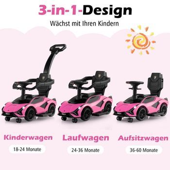 Coche De Empuje Lamborghini 3 En 1 Con Faros Delanteros Y Consola Central. Música Y Amp; Espacio De Almacenamiento Rosa