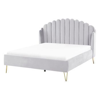 Cama Con Somier De Terciopelo Gris Claro Dorado 140 X 200 Cm Cabecero Ambillou