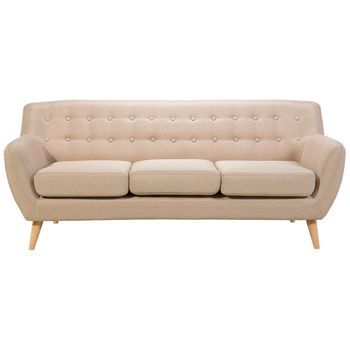Sofá 3 Plazas Tapizado Beige Con Respaldo Copetudo Patas De Madera Clara Acolchadas Gruesas Sala De Estar Minimalista Escandinava Motala