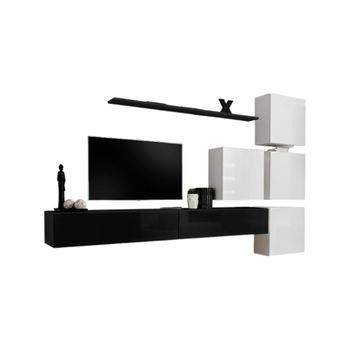 Conjunto De Muebles Para Salón Mural Switch Ix Diseño, Color Negro Y Blanco Brillante.