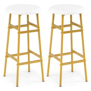 Costway Juego de 2 Taburetes de Bar Redondos con Asiento Tapizado Marco de Metal y Reposapiés para Salón Comedor 33,5x73cm Blanco