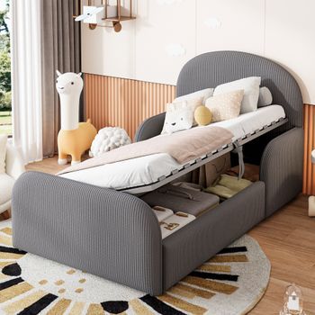 Cama Tapizada Infantil 90x200, Terciopelo Gris, Cofre Hidráulico, Cabecero Alto, Barreras De Seguridad Para Niños Y Adolescentes