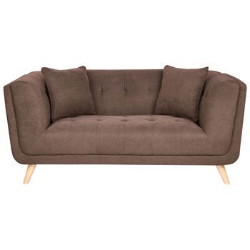 Sofá 2 Plazas De Tela Con Cojines Decorativos Patas De Madera Capitoné Estilo Retro Marrón Oscuro Habo