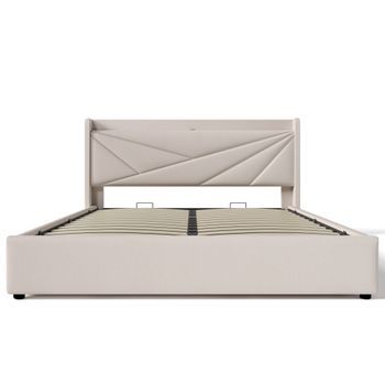 Cama Contenedor De Tela De Lino 160x200cm Con Puerto Usb Y Somier Beige