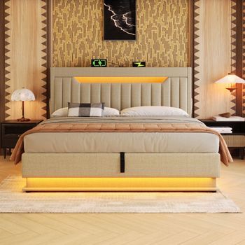 Cama De Matrimonio 180x200, Tapizada En Lino Beige, Almacenaje Hidráulico Y Luces Led