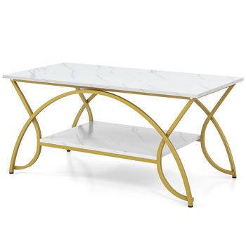 Costway Mesa de Centro Moderna Imitación de Mármol Mesa Baja 2 Niveles Marco de Metal para Salón 100 x 50 x 45 cm