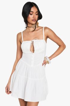 Vestido Mini Estilo Mesonera De Algodón Con Ribete De Encaje, Blanco
