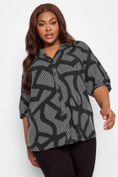 Yours Blusa Negra Estampada Escote De Muesca, Mujer Curvy Y Tallas Grandes, Yours