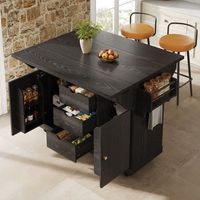 isla de cocina movil negra con ruedas y extensiones abatibles 1425 x 80 x 95 cm