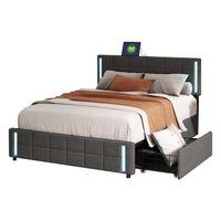 cama con cabecero y almacenaje - 140 x 200 cm - 4 cajones - tejido de lino - led - gris