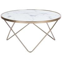 mesa de centro tablero de cristal templado con efecto marmol blanco patas de horquilla de metal dorado forma redonda meridian ii