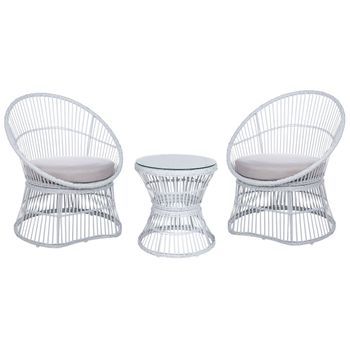 Conjunto De Balcón 2 Plazas De Ratán Blanco Beige Sintético 2 Sillas Cojines Mesyna