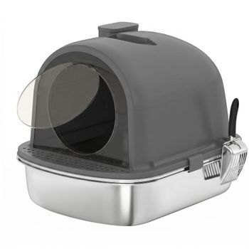 PawHut Arenero para Gatos de Acero Inoxidable con Tapa Bolsa Desodorizante Pala Fácil de Limpiar 52,4x41,3x39,9 cm Gris Oscuro